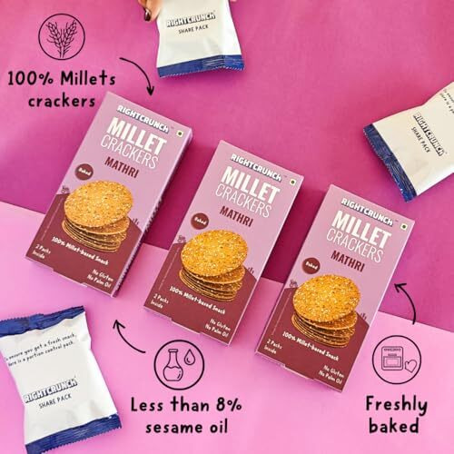 Rightcrunch Millet Crackers Gluten Free & Baked With High Protein & Fibre. Pack Of 3 Mathri Flavour - Healthy Crackers, Healthy Chai Time Snacks, 300G.
