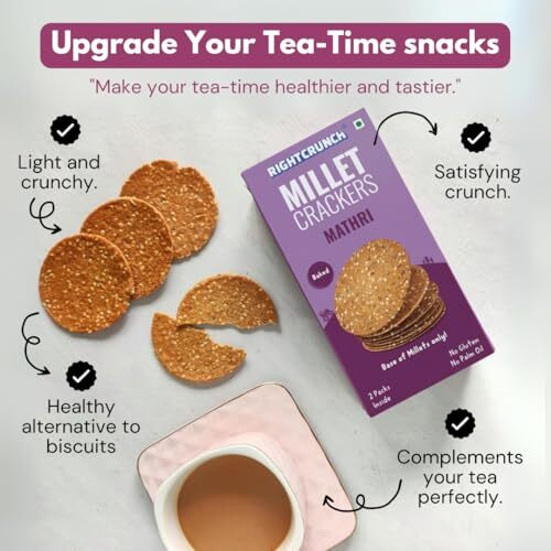 Rightcrunch Millet Crackers Gluten Free & Baked With High Protein & Fibre. Pack Of 3 Mathri Flavour - Healthy Crackers, Healthy Chai Time Snacks, 300G.