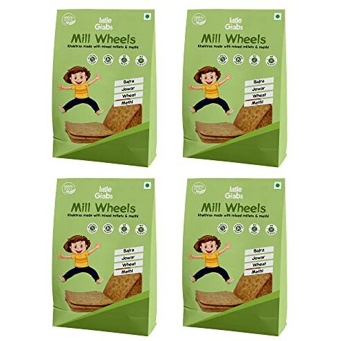 Little Grabs Jowar/ Bajra & Methi Millet Khakhra - 100Gm Each (Pack Of 4) With 12G Protein, 100% Natural Healthy Crispy Khakhra, Organic Cold-Pressed Sunflower Oil
