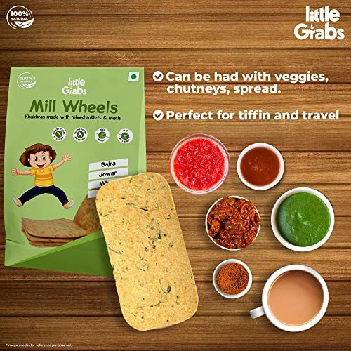 Little Grabs Jowar/ Bajra & Methi Millet Khakhra - 100Gm Each (Pack Of 4) With 12G Protein, 100% Natural Healthy Crispy Khakhra, Organic Cold-Pressed Sunflower Oil