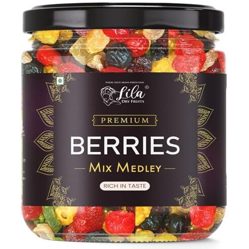 Lila Dry Fruits Berries Mix Medley 500 Grams | Premium Blend Of Dried Strawberries, Kiwi, Cranberries, Red Cherry, Blueberries, Golden Berries, Salted Amla Etc | Ideal For Snacking Perfect For Gifting
