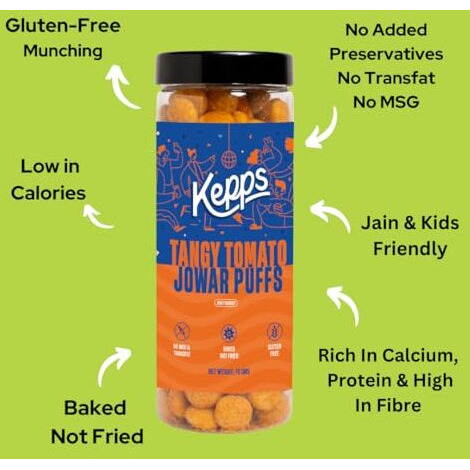 Kepps Tangy Tomato Jowar Puffs Snack, Gluten Free, Rich In Fiber And Protein, Never Fried, Low Calorie, Delicious Munchies, For All Age, Kid Friendly