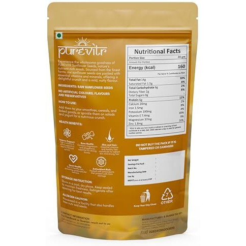 Purevitr Sunflower Seeds | 200G | Raw Sunflower Seeds For Eating | Protein-Rich, High In Vitamin E, Fiber & Antioxidants | Healthy Snacks | No Preservatives (Pack Of 1)