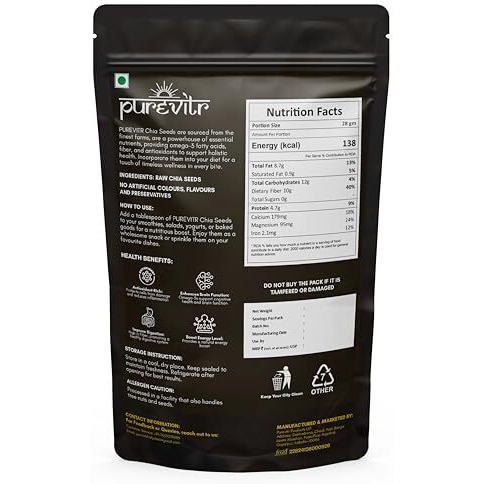 Purevitr Chia Seeds | 400G | Raw Chia Seeds For Eating | Protein Rich Superfood | Immunity Booster, High In Calcium, Fiber & Antioxidants | Healthy Snacks | No Preservatives (Pack Of 1)