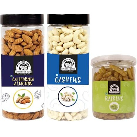 Wonderland Foods 1.2Kg Premium Dry Fruits Combo Pack Of Almonds 500G, Cashews 500G & Raisins 200G
