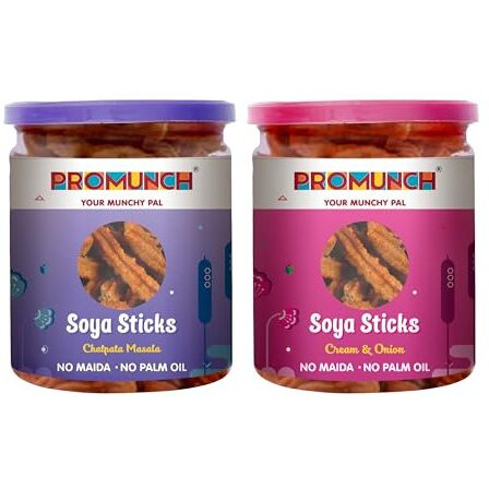 Promunch Soya Sticks Combo Pack | Chatpata Masala & Cream Onion Flavors | Crispy, Healthy Namkeen Snacks | No Palm Oil & No Maida (80G, Pack Of 2)