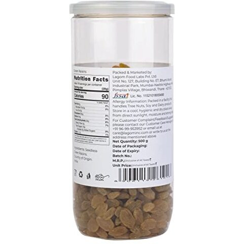 Lagom Gourmet Seedless Green Raisins 1 Kg | All Natural | No Preservatives | No Added Sugar | Gluten Free | Vegan | Plant Based | Non Gmo | Raisins Dry Fruit | Kismis | Kishmish