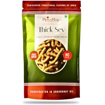 Spiceraga | Thick Sev Pack Of 5 | No Palm Oil | Pure Groundnut Oil | No Trans Fat | Crispy & Spicy Teatime Snack | Healthy Namkeen Moti Sev | 100% Natural Ingredients | 140G Each