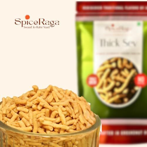 Spiceraga | Thick Sev Pack Of 5 | No Palm Oil | Pure Groundnut Oil | No Trans Fat | Crispy & Spicy Teatime Snack | Healthy Namkeen Moti Sev | 100% Natural Ingredients | 140G Each