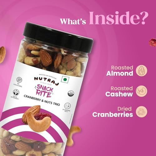 Nutraj Snackrite Cranberry & Nuts Trio 500G Jar (Almond, Cashew, Cranberry) - Pack Of 1| Dried Fruits | Mixes Dry Fruits | Trail Mixes