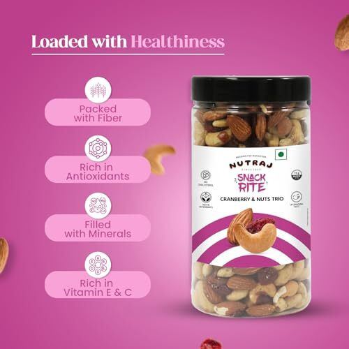 Nutraj Snackrite Cranberry & Nuts Trio 500G Jar (Almond, Cashew, Cranberry) - Pack Of 1| Dried Fruits | Mixes Dry Fruits | Trail Mixes
