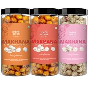 Vishnu Delight Makhana Jar Combo - Himalayan Salt & Pepper, Tomato Twist, & Peri Peri Flavors Rosted (Includes Lotus Seeds Phool Makhana & Gorgon Nut Puffed Kernels) (Pack Of 3, 90G Each)