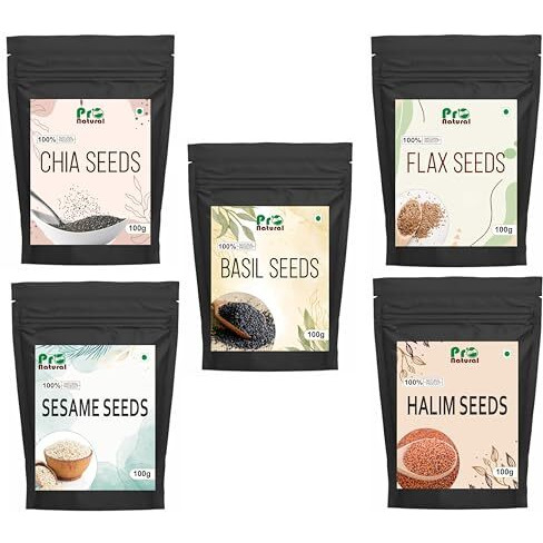 Pronatural 5-Seeds Combo Pack  Chia, Basil, Flax, Halim & Sesame Seeds, 100G Each (Total 500G)  Nutrient-Dense Superfood, High In Protein, Fiber, Omega-3 & Antioxidants For Digestion & Immunity.