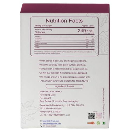 Lila Dry Fruits Uttam Premium Anjeer 250 Grams | Natural Dry Fig For Healthy Snacking, Dried Anjeer For Dieting & Breakfast | Rich Source Of Fibre Calcium, Iron Minerals | Anjir Perfect For Giftings