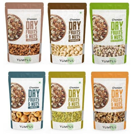 Yumful Dry Fruits Combo Pack Of 6 - 600G (Each 100G) | Healthy Snack Mix Of Almonds, Cashews, Salted Pistachios, Figs, Green Raisins, And Walnuts | Nutritious, Delicious, And Energy-Boosting Nuts And Dried Fruits