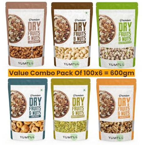 Yumful Dry Fruits Combo Pack Of 6 - 600G (Each 100G) | Healthy Snack Mix Of Almonds, Cashews, Salted Pistachios, Figs, Green Raisins, And Walnuts | Nutritious, Delicious, And Energy-Boosting Nuts And Dried Fruits