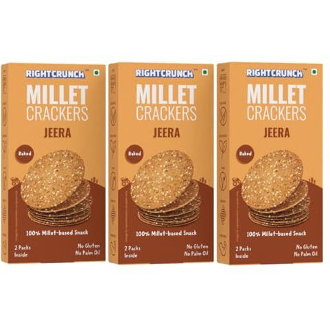 Rightcrunch Millet Crackers Gluten Free & Baked With High Protein & Fibre. Pack Of 3 Jeera Flavour - Healthy Crackers, Healthy Chai Time Snacks, 300G.