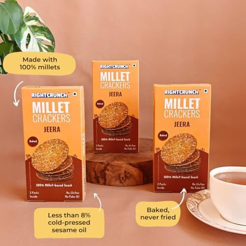 Rightcrunch Millet Crackers Gluten Free & Baked With High Protein & Fibre. Pack Of 3 Jeera Flavour - Healthy Crackers, Healthy Chai Time Snacks, 300G.