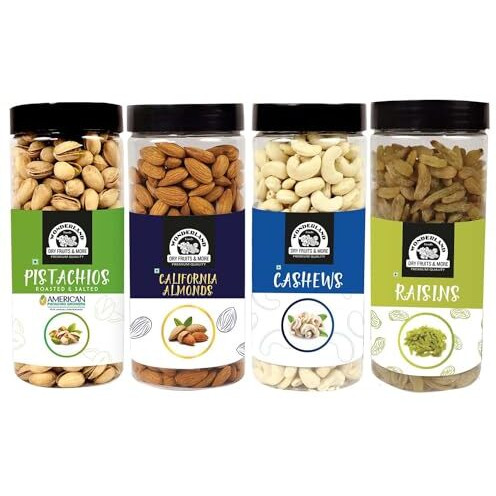 Wonderland Foods 2Kg (500G X 4) Dry Fruits Combo Pack Of 4 | Almonds (Np), Cashews (W-320) Mangalore Quality, Roasted & Salted Pistachios And Raisins Jar