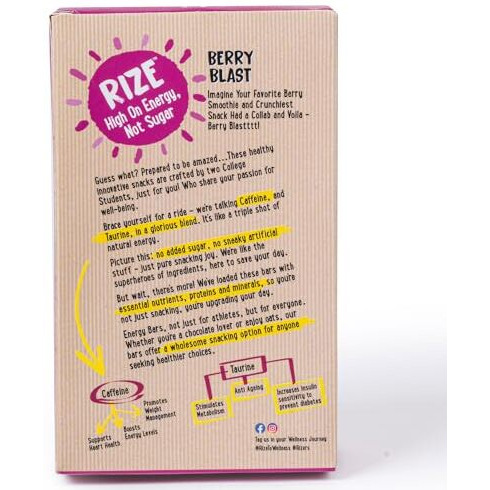 Rize Energy Bar | Caffeinated Energy Bar With 6Gm High Protein | Sugar Free And Healthy Snacks For Men & Women | High Fiber, Gluten Free Protein Bars, Zero Added Sugar | Pre And Post Work Out Protein Bar (Berry Blast - Pack Of 6 Bar)