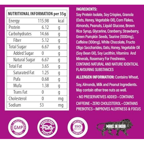 Rize Energy Bar | Caffeinated Energy Bar With 6Gm High Protein | Sugar Free And Healthy Snacks For Men & Women | High Fiber, Gluten Free Protein Bars, Zero Added Sugar | Pre And Post Work Out Protein Bar (Berry Blast - Pack Of 6 Bar)