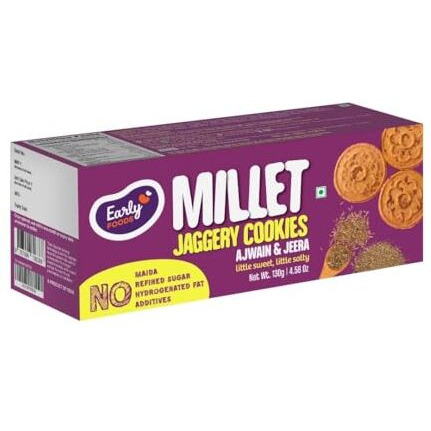 Early Foods - No Maida No Refined Sugar - Ajwain & Jeera Sweet & Salty Jaggery Cookies | Sugar Free Cookies | Millet Cookies | No Soda | No Junk Snack For Kids | 130G X 1