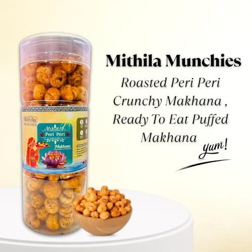 Mithila Munchies Peri Peri Masala Roasted Makhana In Olive Oil | Foxnuts | Healthy Snacks | Gluten Free | Msg Free | Antioxidant | Rich Calcium | Zero Trans Fat | Zero Cholesterol 90G