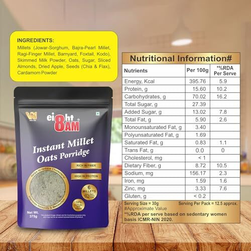 8Am Instant Millet Oats Porridge, 375G | 10% Dry Fruits, Nuts & Seeds With 6 Millets | Rich In Protein & Fiber, Nutritious & Healthy Breakfast Cereals, Essential For Good Health