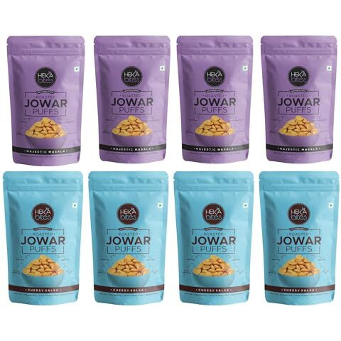 Heka Bites Roasted Jowar Puffs Assorted - Pack Of 8 | Made With 80% Jowar | Healthy Snack | Sugar Free | High Protein And Fiber | Cholesterol Free | Gluten Free (40G X 8)