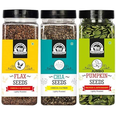 Wonderland Foods 600G (200G X 3) Healthy & Roasted Chia Seeds, Flax Seeds & Pumpkin Seeds Jar Combo Pack