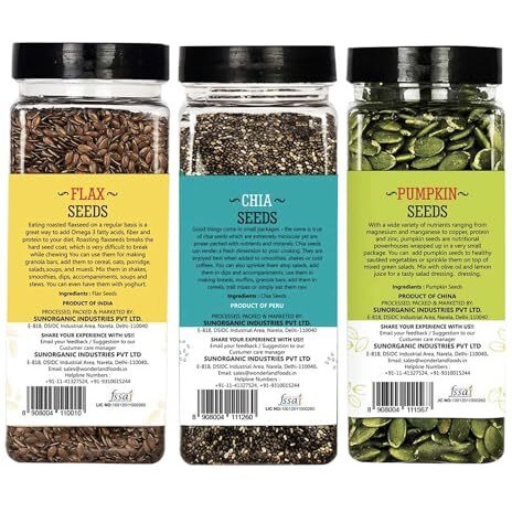 Wonderland Foods 600G (200G X 3) Healthy & Roasted Chia Seeds, Flax Seeds & Pumpkin Seeds Jar Combo Pack