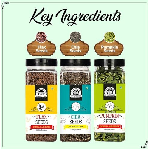 Wonderland Foods 600G (200G X 3) Healthy & Roasted Chia Seeds, Flax Seeds & Pumpkin Seeds Jar Combo Pack