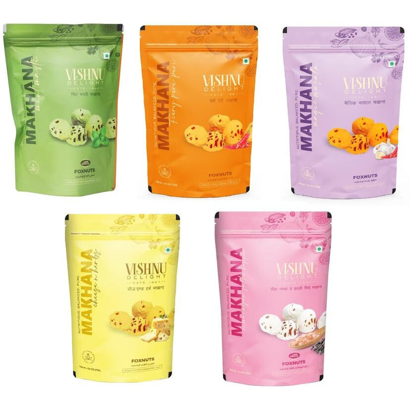 Vishnu Delight Organic Makhana Combo Pack-5 Of 60G Each Flavor - Peri Peri, Mint Masti, Himalayan Salt, Magic Masala, Cheese N Herbs - Crunchy, Deliciously, And Full Of Flavorful Indian Spices Snacks