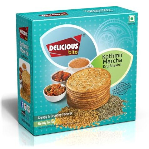 Delicious Bite Kothmir Marcha Dry Bhakhri (4 Packs Of 180 Gm Each) Whole Wheat Roasted Snacks | Ready To Eat Crisps | Vacuum Packed | Parties & Events | Travel Friendly Pack