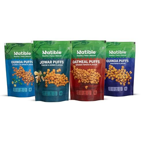 Natible Roasted Puffs (Combo Of 60 Gm Jowar Cheese & Herbs Puffs, 70Gms Quinoa Dahi Papdi Puffs, 70Gms Quinoa Cheese Jalapeno Puffs, 70 Gms Oatmeal Spanish Tomato Puffs)