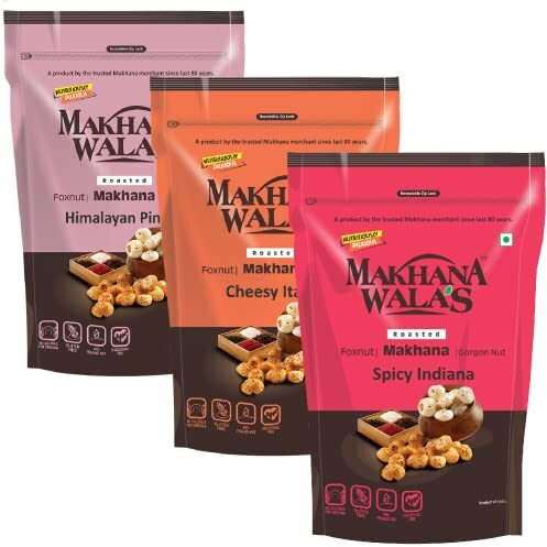 Makhanawala's Roasted Makhana/Water Lilly Pops/Gorgon Nut | Combo Of Himalayan Pink Salt + Cheesy Italiana + Spicy Indiana | Healthy Makhana Snack, 3 Packs, 70 G Each.