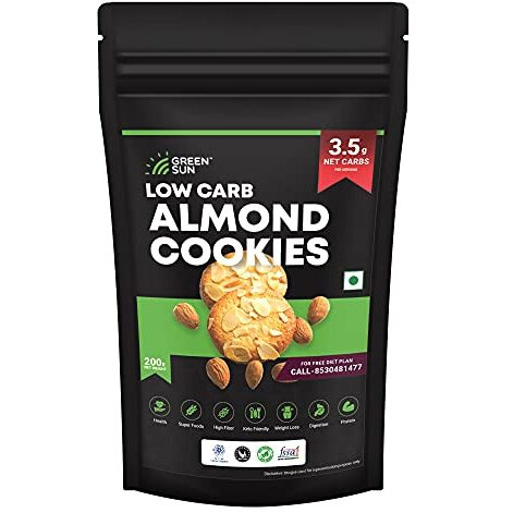 Green Sun Low Carb Almond Cookies |200 Gm | 0.5 G Net Carb Per Cookie | Keto Friendly| Sugar Free | Natural Sweetener Stevia |Healthy | High Fiber | Super Foods | Crispy (Pack Of 1)