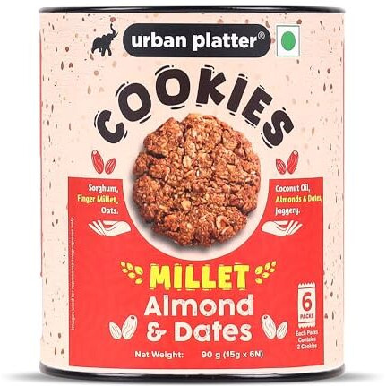 Urban Platter Millet Date And Almond Cookies, 90G (15G X 6N) (Made With Millets & Oats | Gluten-Free | Refined Sugar-Free | Preservative-Free)