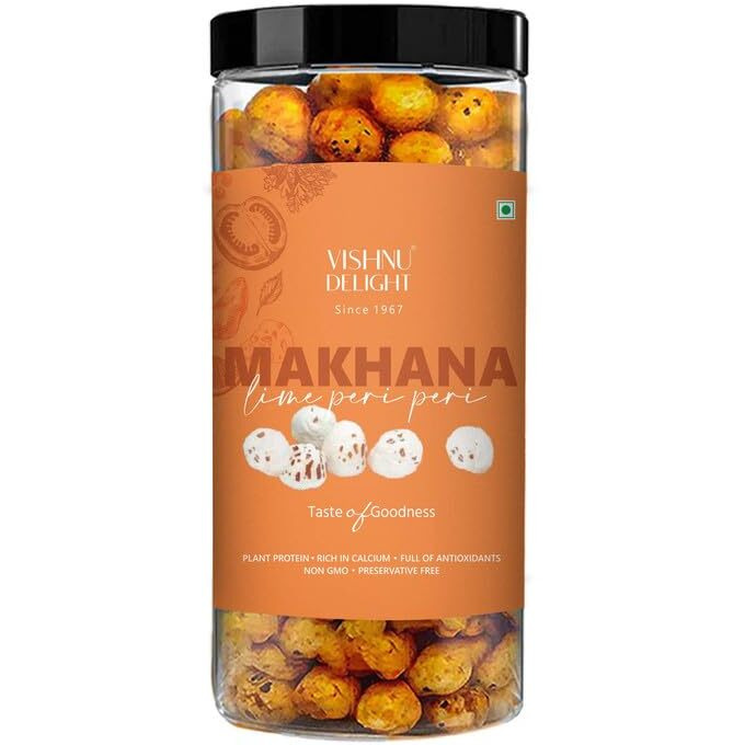 Vishnu Delight Roasted Fiery Peri-Peri Organic Makhana Jar, 90G - Perfect Spicy Snack For Adventurous Foodies With A Love For Roasted Flavors
