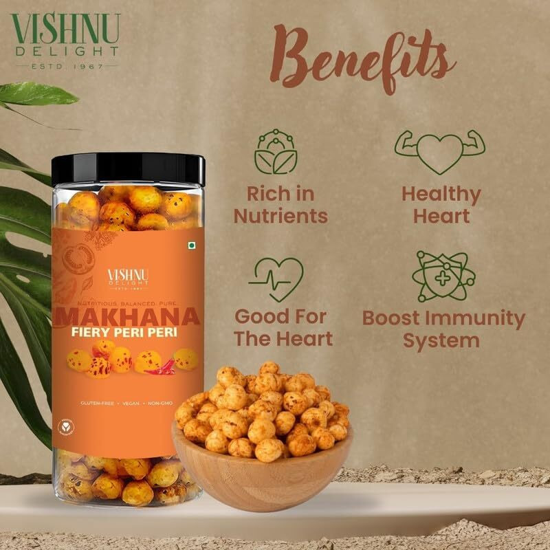 Vishnu Delight Roasted Fiery Peri-Peri Organic Makhana Jar, 90G - Perfect Spicy Snack For Adventurous Foodies With A Love For Roasted Flavors