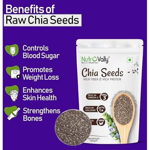 Nutrovally Chia Seeds 300G (Pack Of 3 X 100G) | High Protein Chia Seeds For Weight Loss | Rich In Omega-3, Calcium, & Antioxidants | Diet-Friendly Snacks