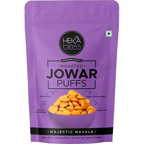 Heka Bites Roasted Jowar Puffs Majestic Masala - Pack Of 8 | 86 Kcal | Made With 80% Jowar| Healthy Snack| Sugar Free| Cholesterol Free| Gluten Free (40G X 8)