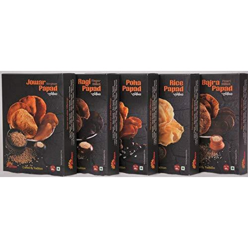 Roshnee 5 Papad Combo Pack - Millet And Rice Grain Papads. 5 Tasty, Wholesome Grain Papads - Jowar, Bajra, Ragi, Rice Jeera And Poha Papads | 5 Packs X 80 Gm - 400 Gm | No Artificial Flavours Or Preservatives Or Colors | Gluten Free|