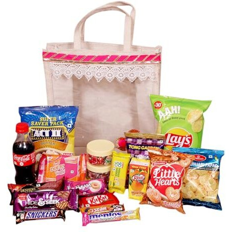 Jute Bag With Assorted Chocolates, Candies, Snacks /Festive Snack And Sweets Gift Bag  Assorted Treats & Goodies / Wedding Gift / Welcome Gifts For Guests In Rooms / Travel Food Bag / Picnic Bag For Family / Corporate Travel Gifting .