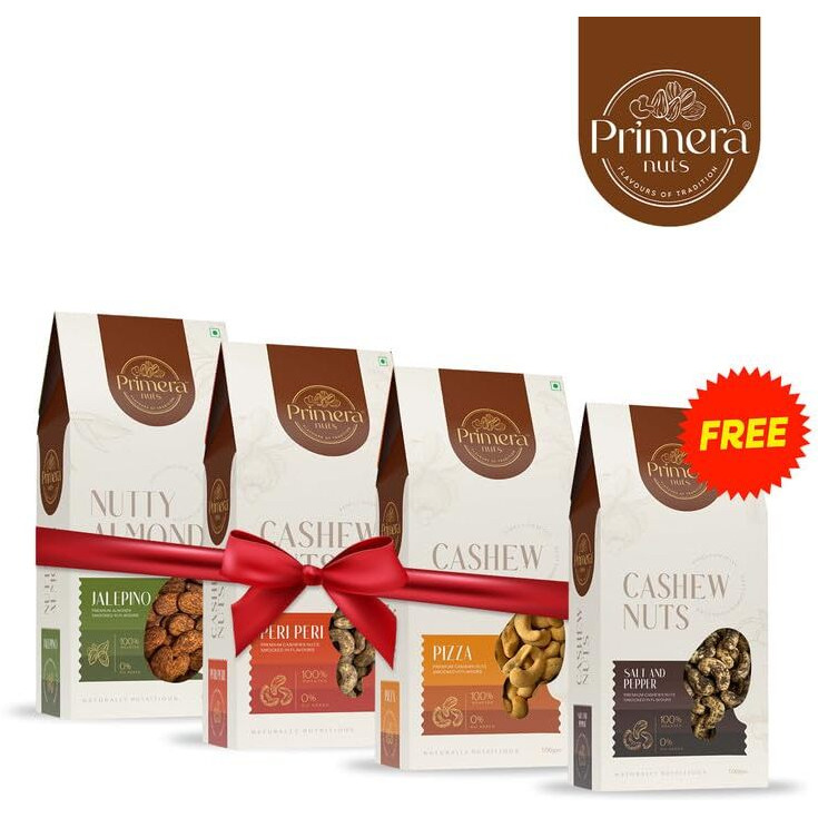 Primera Nuts Buy 3 Flavored Cashews & Get 1 Free | Jalapeno | Peri Peri | Pizza | Salted Pepper Cashew | Buy Three Get One Free