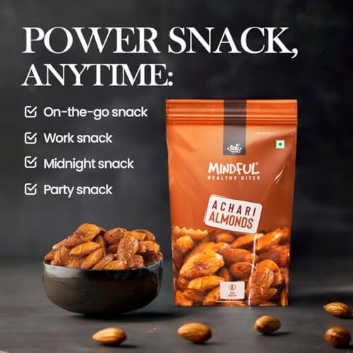 Eat Anytime Healthy Achari Almonds | High In Fiber & Protein, Convenient Snack | Healthy Snack, Crunchy & Roasted Almonds | Achari Almonds - 200Gm |
