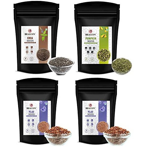 Bralcon Raw Organic Seeds Combo Pack - 400G | (Flax Seeds- 200G, Chia Seeds-100G, Pumpkin Seeds- 100G) | Unroasted Mix Seeds For Eating With Omega 3 And Rich In Fiber, Calcium & Protein | Diet Snacks