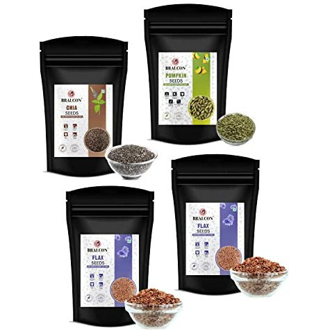Bralcon Raw Organic Seeds Combo Pack - 400G | (Flax Seeds- 200G, Chia Seeds-100G, Pumpkin Seeds- 100G) | Unroasted Mix Seeds For Eating With Omega 3 And Rich In Fiber, Calcium & Protein | Diet Snacks