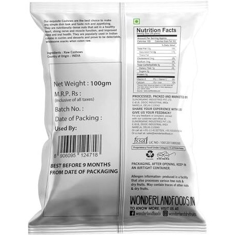 Wonderland Foods (Device) 500 Gram (100G X 5) Whole Raw Cashew (Kaju) W320 Grade Pouch