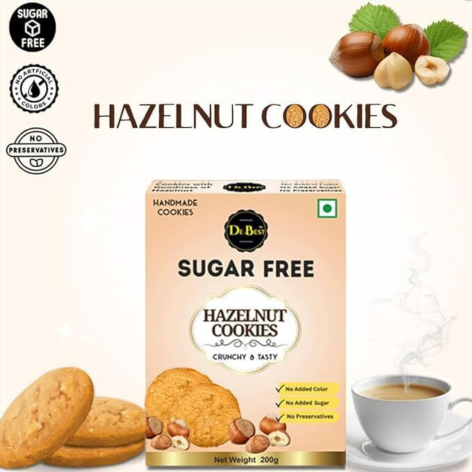 De Best Sugar Free Hazelnut Cookies | Sugar Free | No Added Color | Premium Handmade Cookies | Crunchy & Tasty | Eggless Cookies | 200G